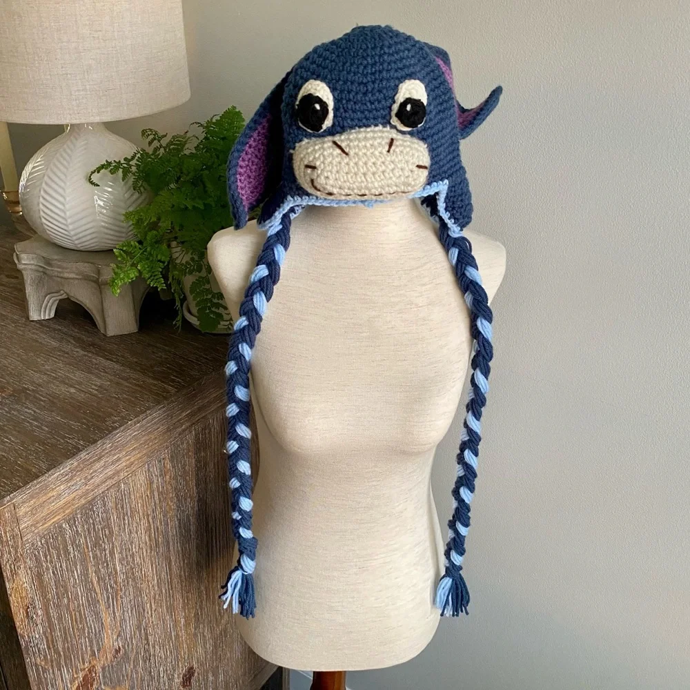 Handmade Eeyore Crochet Hand Crocheted Kids‎ Childrens Hat Purple Blue One Size